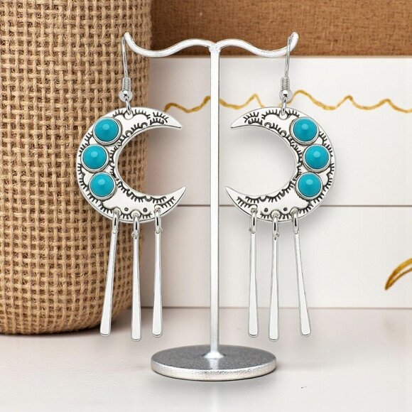 🆕️Mystic Boho Turquoise Crescent Moon Dangle Earrings Antique Silver Vibes - Picture 10 of 14